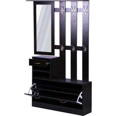 Meuble d'entrée noir avec miroir 25x70 cm – 6 patères doubles – Rangement à chaussures 2 niveaux 24x90x65 cm – Montage facile – MH (1/5)