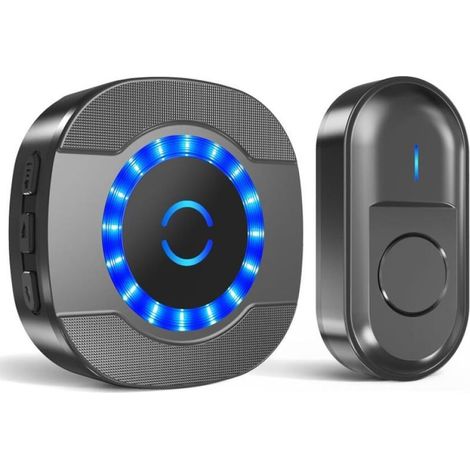NoirSonnette sans Fil Exterieur Étanche, 300M Sonnette Longue Portée avec Récepteurs Enfichables, Carillon Electronique Kit pour la Maison, LED Bleu, 55 Mélodies, 5 Niveaux Volumes (1/5)
