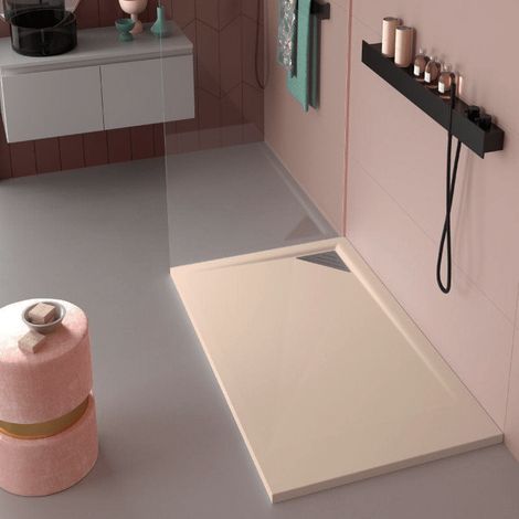 Receveur de douche 70x70 cm extra plat TRINITY beige en résine minérale grille à Droite (1/4)