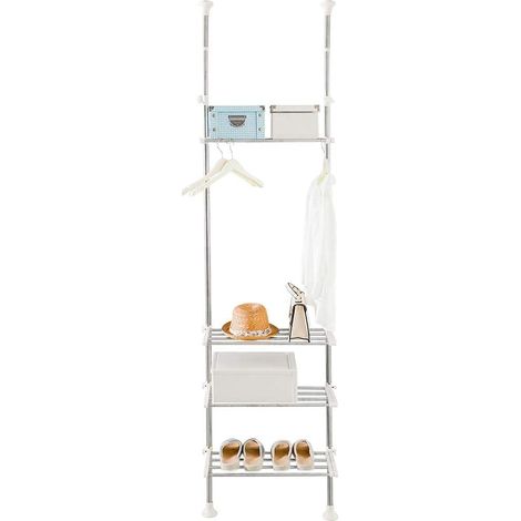Étagère Télescopique de Machine à Laver Toilette WC Rangement avec 4 Tablettes, Etagère de Salle de Bain en Métal sans Perçage Réglable en Hauteur 128-205 cm ou 218-295 cm, Ivoire (1/5)