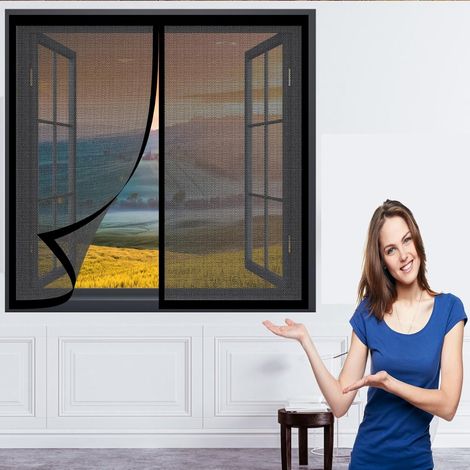 Moustiquaire de Fenêtre Magnétique 130 x 140 cm Moustiquaire avec Protection Sans Poinçon Pou Aimantée Moustiquaire pour Fenêtres Porte, Noir