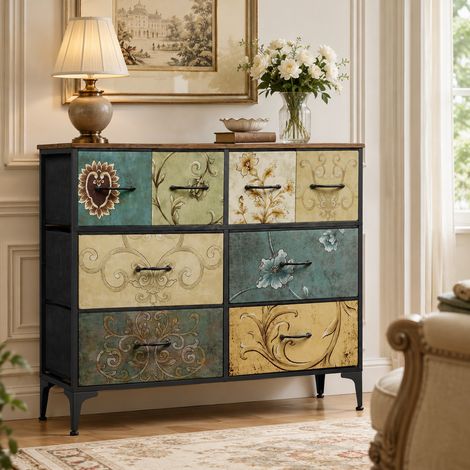 WUMAGIN - Commode 8 tiroirs - 100x85x29cm - Design de style rétro européen - Bois massif - Idéal pour les salons, les chambres, les bureaux et les espaces de travail