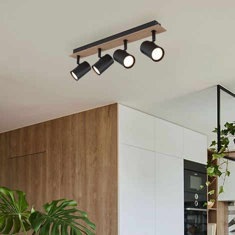 Deckenleuchte Spots schwenkbar Deckenstrahler Holz Wohnzimmer Deckenlampe schwarz Flur, MDF Metall, 4x GU10 Fassungen, LxBxH 50x6x15,1 cm