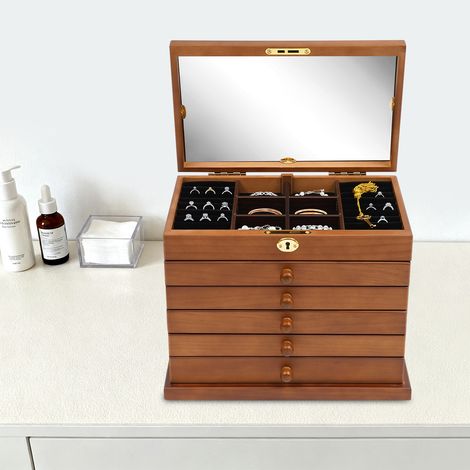 YISSALE -Outillage -Coffret de bijoux en bois, boîte à bijoux avec miroir, couleur brune, 29,5 x 18,5 x 25 cm, cadeau d'anniversaire (1/5)