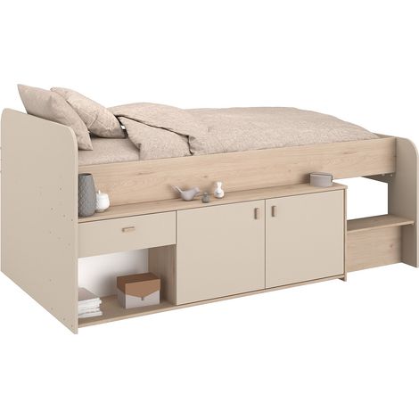 Letto mezza altezza 90 x 190/200 cm con contenitore – Beige e naturale + Rete + Materasso - LUNOBI (1/4)