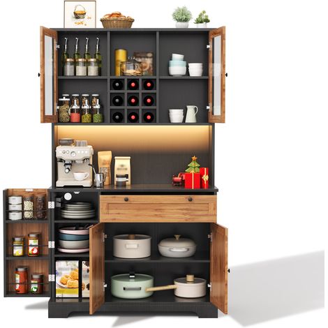 Credenza alta 105x40x180 cm nera effetto legno con LED, USB e contenitore cucina - CHICFURN (1/5)