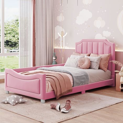 Lit 90x200 enfant en flanelle, dossier, rose HAVRYA (1/5)