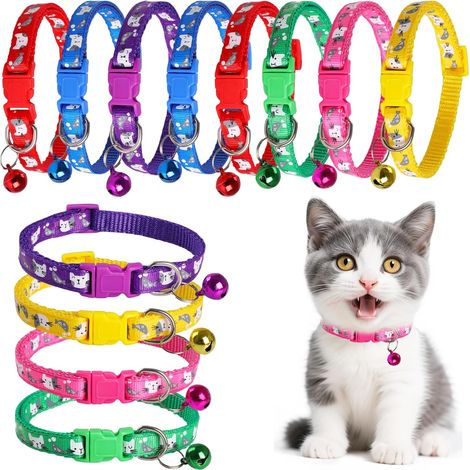 Colliers pour Chat Lot de 12, Collier avec Boucle Sécurité pour Anti Etranglement et Cloche, Réglable de 19 à 32 cm pour Chaton et Chiot, Les Domestiques - 6 Couleurs (1/5)