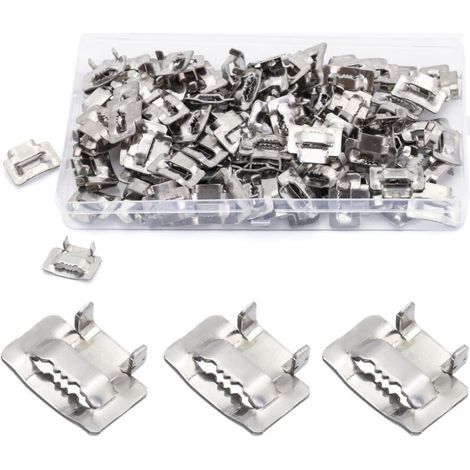 100 pièces Boucle de Cerclage en Acier 10 mm, MgcTolBox Cerclage en Acier Joints pour Feuillard de 8-10 mm Pour Fixations Extérieures et Applications Lourdes (1/4)