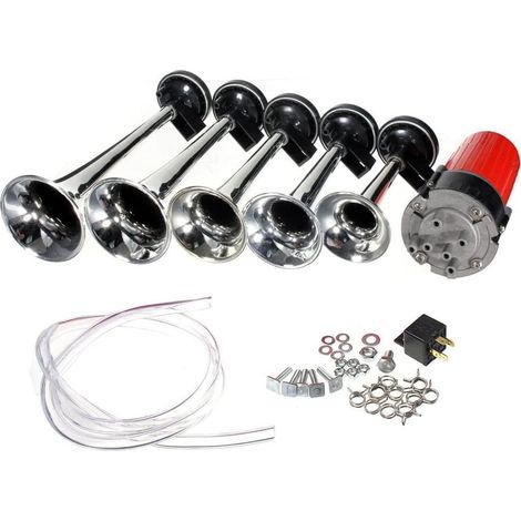 Lot de 5 klaxons sonores musicaux 12 V 125 dB 5 trompettes puissantes avec compresseur pour tout véhicule 12 V voiture, camion, bateau (argent)