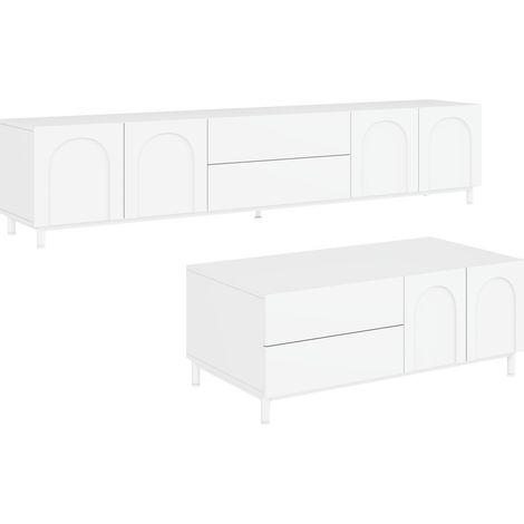 Conjunto de salón con mueble TV y mesa de centro blanca con puertas arco (1/5)