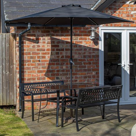 Outdoor 4 Person Rectangular Glass Top Garden Dining Table Benches With Black Havana Parasol and Base Set (1/5)