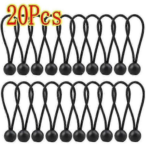 Lot de 20 cordes élastiques avec boule en plastique noir, idéales pour lacets, tentes, trampolines et bagages. (1/5)
