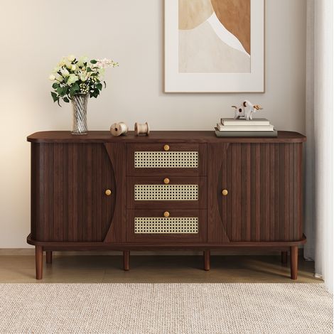 Sideboard 140.5x40x76 cm Natur aus Spanplatte mit Rattanfronten, Schiebetüren und verstellbaren Einlegeböden (1/5)