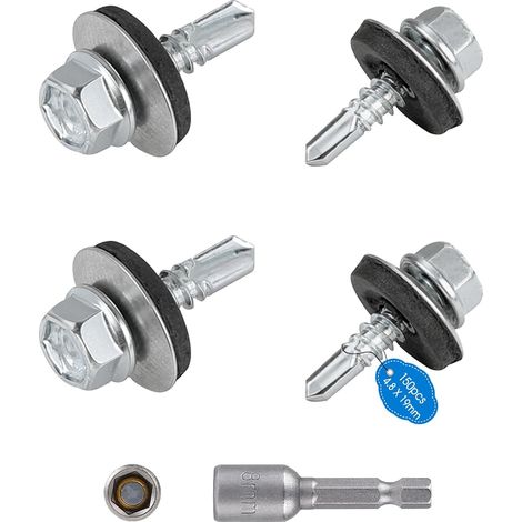 Lot de 150 vis de toiture en métal 4,8x19 mm Tête de rondelle hexagonale peinte vis en tôle avec rondelles EPDM et clé à douille M8 Vis Autoperceuse pour metal pour plus fixation (Argenté) (1/5)