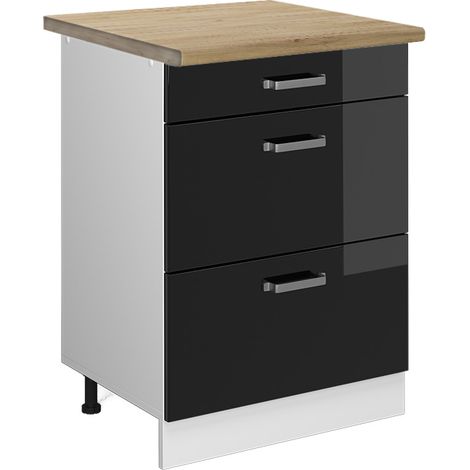 Mueble bajo de cocina R-Line, Negro brillo intenso, 60 cm con cajones, ET Roble, Vicco