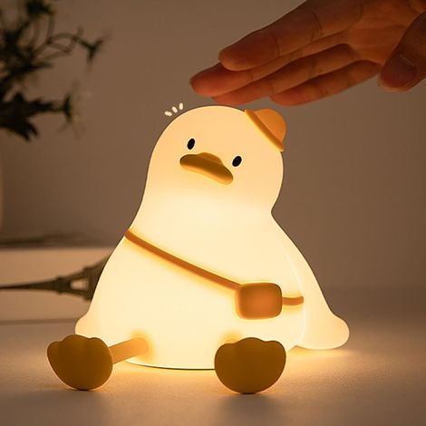 Lámpara de noche infantil con forma de pato, 3 niveles de brillo, lámpara de mesita de noche de silicona sensible al tacto, recargable, con temporizador de 30 minutos. (1/5)