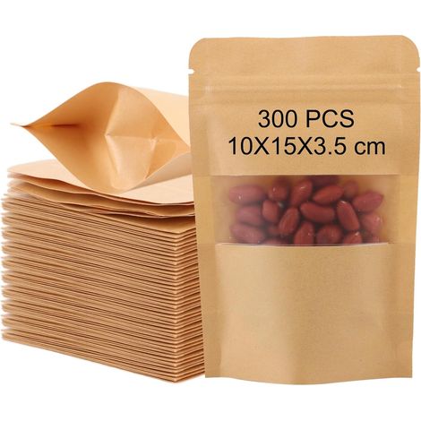 300 Pieces Kraft Paper Bags with Window, 10 x 15 cm, Brown, 3.5 cm Thick, Airtight, for Candy, Nuts, Coffee Beans, Spices, Tea Leaves (1/5)