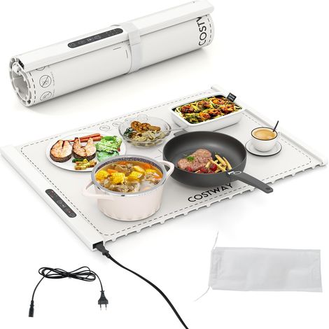 Scaldavivande elettrico pieghevole, tappetino riscaldante in silicone, vassoio riscaldante portatile con temperatura regolabile e timer, bianco (1/5)