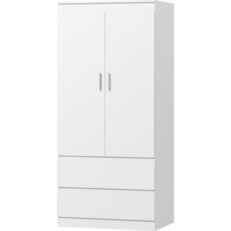 Armoire de chambre à coucher avec 2 portes, 2 tiroirs, 3 compartiments, en bois, blanche (1/5)