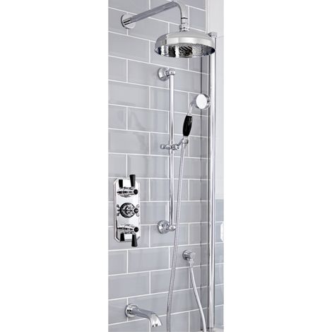 Milano Elizabeth 3 Outlet Triple Diverter Thermostatic Mixer Shower Valve with Round Rainfall Shower Head Riser Rail Kit and Wall Mounted Bath Spout - Chrome & Black