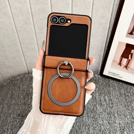 (Marron, Galaxy Z Flip7 FE) Étui de téléphone en cuir mat à texture ananas, avec anneau de maintien et compatible avec la recharge sans fil.