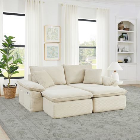 Canapé 2 places 210x97x83 cm beige, modulaire avec repose-pieds, tissu et mousse, MEUBLIV (1/5)