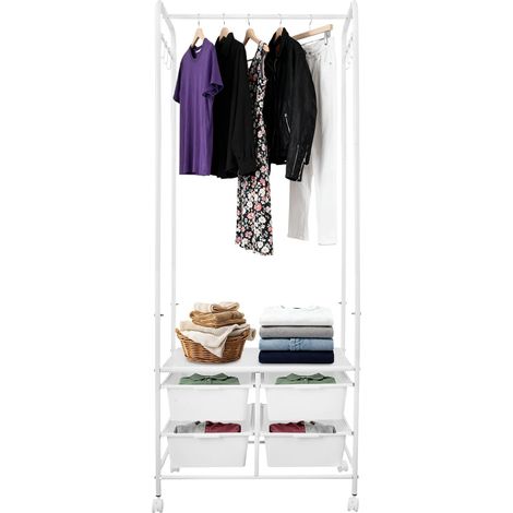 Portant à vêtements à roulettes avec 4 boîtes de rangement, 160 cm, 8 crochets et 4 roulettes (2 avec freins), blanc, capacité de charge de 30 kg, pour chambre à coucher, buanderie (1/4)