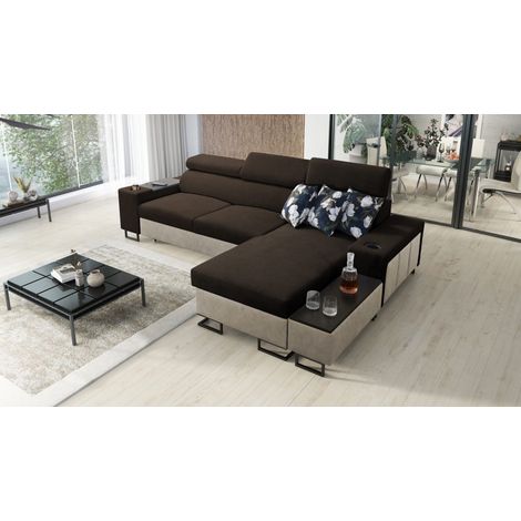 Luxuriöses, komfortables, modernes Ecksofa MELODY I MAXI mit Usb und Regal Tauro/Freya Beige/Braun R (1/5)