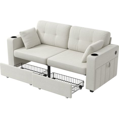 Canapé 2 places avec deux tiroirs de rangement et ports de charge USB, avec porte-gobelets et poches latérales, équipé de compartiments de rangement dissimulés. Convient au salon, aux appartements et (1/5)
