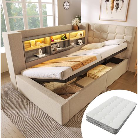 lit adulte rangement LED 90x200 USB matelas beige lin HAVRYA (1/5)