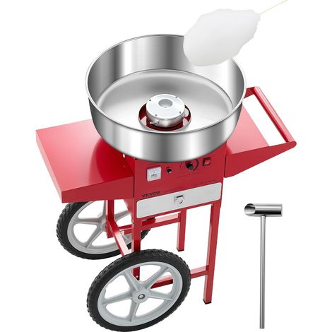 Machine à barbe à papa électrique avec chariot, 1000 W, appareil à barbe à papa avec bol en acier inox 52 cm, cuillère à sucre et tiroir, pour fêtes d'anniversaires d'enfants, rouge (1/5)