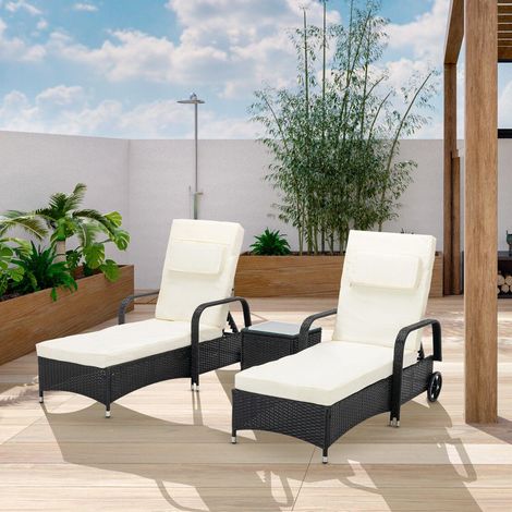3 Pieces Rattan Sun Lounger Bed Recliner Outdoor Chair & Side Table Set Venice BLACK