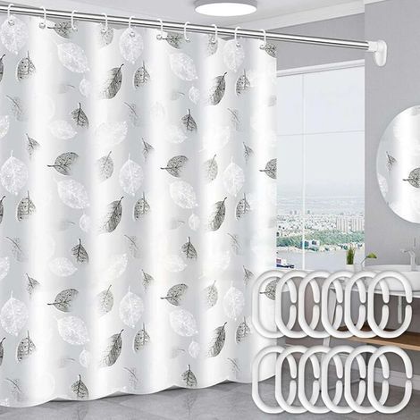 Rideau de Douche,Rideaux de Salle de Bain,Anti Moisissure, Imperméable, Plante Feuilles Géométrie Tissu Imperméable Rideau De Bain avec 12 Crochets,180 X 200cm (1/5)