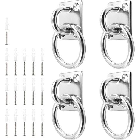 4 Pièces Anneau de Fixation, Acier Inoxydable Anneaux pour Chevaux, Œillet de 6 mm Anneau D'attache sur Plaque, Base carrée, avec Vis et Tube de Diffusion, Adapté Poteaux en Bois, Murs Pleins