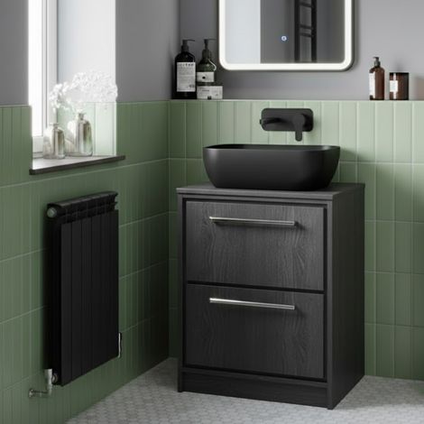 Hudson Reed Lille Floor Standing 2-Drawer Vanity Unit with Worktop 600mm Wide - Graphite Grey Woodgrain