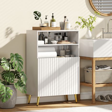 Meuble salle de bain, armoire salle de bain étroit 5 niveaux, portes cannelées à fermeture douce 60 x 31,8 x 93 cm blanc (1/5)