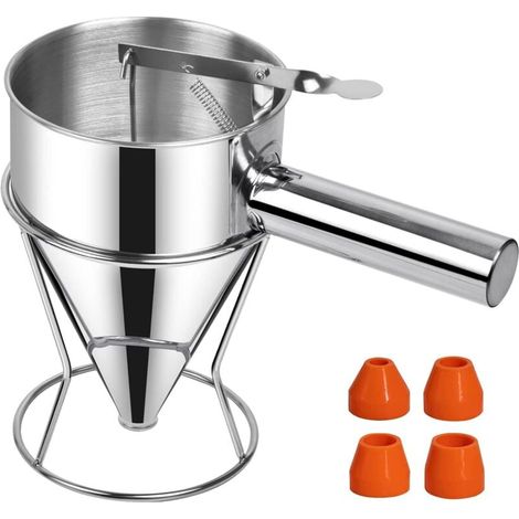 Entonnoir a Piston Inox, Entonnoir Cuisine 1,2 Litre Multi-calibre Piston Patisserie avec Support, Distributeur de Pate pour Gâteaux, Crêpes et Desserts (1/4)