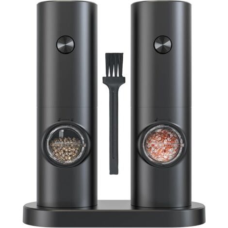 Ensembles de Moulin à Sel et Poivre Electrique,Moulin a Poivre avec Base,Petite Brosse,Lumière LED,Alimenté par 4 Piles AAA (non incluses),Finesse de Broyage Réglable (Noir-Batterie) (1/5)