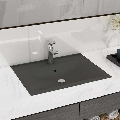 Vasque à poser Lavabo à poser avec trou de robinet pour salle de bain - Gris foncé mat 60x46 cm Céramique BV301309 - BonneVie (1/5)