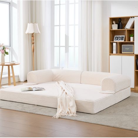 Sofá cama convertible de 2 plazas beige en tejido acanalado, ahorro de espacio con brazos acolchados, 190x78x65 cm (1/5)