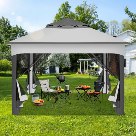 TolleTour Cenador plegable de jardín 3,3 × 3,3 m con mosquitera y doble techo ventilado – Gris (1/5)