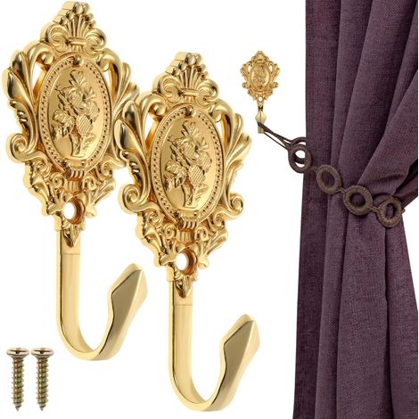 Crochets De Retenue Rideaux Muraux en Zinc Doré avec Motif Fleur Embrasse Rideau DéCorative pour IntéRieur Classique Et Moderne 2 PièCes avec Vis Incluses (1/5)