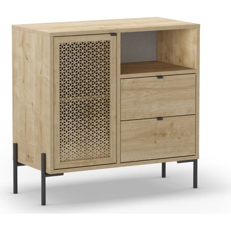 STERA - Mini commode 1 porte 84 cm en mélamine - Chêne clair