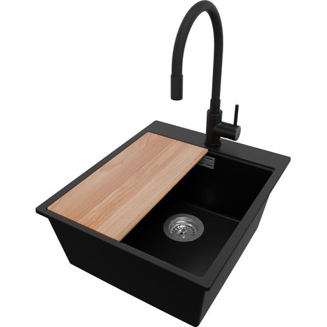 PRIMAGRAN Evier Cuisine en Granit 43x50cm,Lavabo 1 bac + Robinet 40x38cm + Kit de Vidage + Planche à Découper, Évier à Encastrer au meuble 45cm - Oslo, Noir (1/5)
