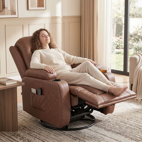 Fauteuil de massage chauffant, fauteuil à bascule pivotant avec repose-pieds, marron clair (1/5)