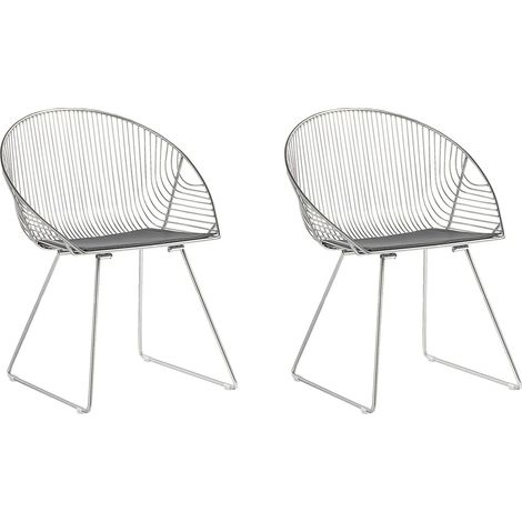 Set of 2 Dining Chairs Silver Metal Frame Black Faux Leather Seat Modern Industrial Design AURORA