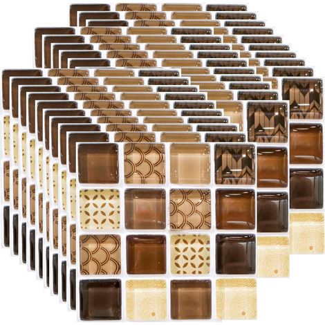 30 Pièces Mosaïque Stickers Carreaux Muraux, Credence PVC Adhesive pour Cuisine Salle de Bain, Imperméables Stickers Carrelage(Marron) (1/5)