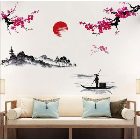 Lot de 2 autocollants muraux amovibles - Motif paysage à l'encre - 25 x 70 cm - Décoration Décoration murale - PVC - Rouge et noir - Décoration murale pour salon et chambre à coucher (1/5)