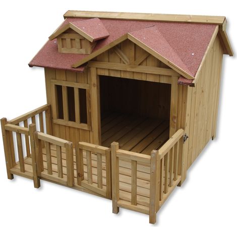 Wiltec Niche de chien Maison de luxe XL – Couleur marron – 935 x 1050 x 775 mm – en Bois de sapin – avec Toit bitumé et véranda – pour Balcon Jardin Terrasse